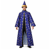 Wizard Cloak Adult Men Magician Stars Hat Witch Halloween Costume with Wizard Hat Wig