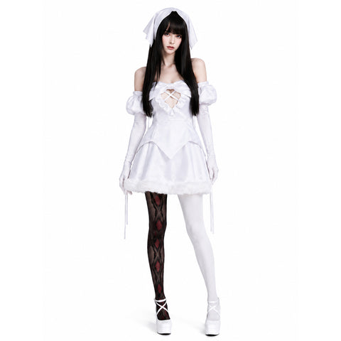 Sua Zombie Stage White Dress with Wig Gothic Lolita Halloween Cosplay Outfit