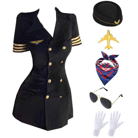 Flight Attendant Costume Women Black Stewardess Outfit Costume Set with Accessories