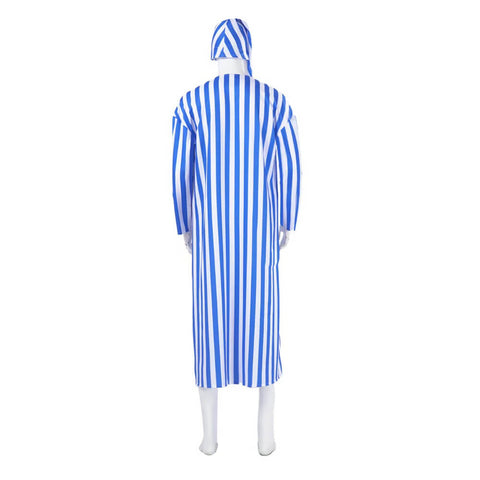 3Pcs Men Blue White Striped Pajamas Long Robe Nightgown Homewear With Glasses