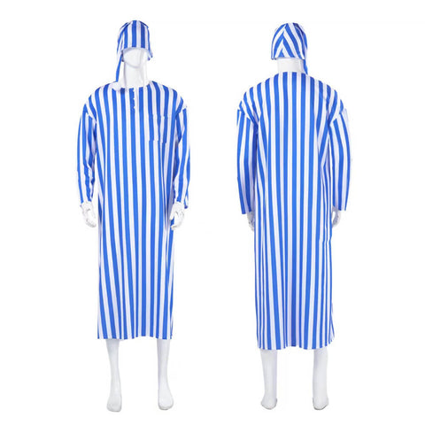 3Pcs Men Blue White Striped Pajamas Long Robe Nightgown Homewear With Glasses