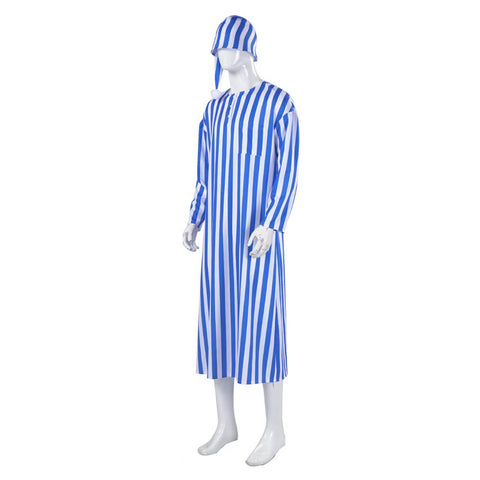 3Pcs Men Blue White Striped Pajamas Long Robe Nightgown Homewear With Glasses