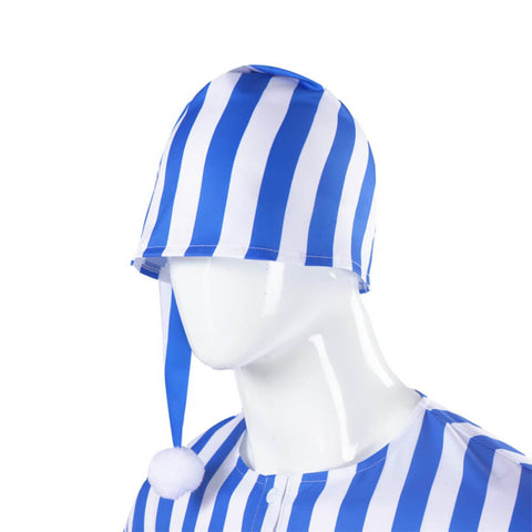 3Pcs Men Blue White Striped Pajamas Long Robe Nightgown Homewear With Glasses