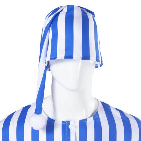 3Pcs Men Blue White Striped Pajamas Long Robe Nightgown Homewear With Glasses