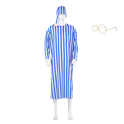 3Pcs Men Blue White Striped Pajamas Long Robe Nightgown Homewear With Glasses