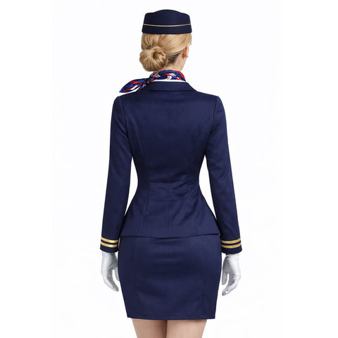 Adult Flight Attendant Costume Blue Airline Stewardess Outfit Uniform with Accessories