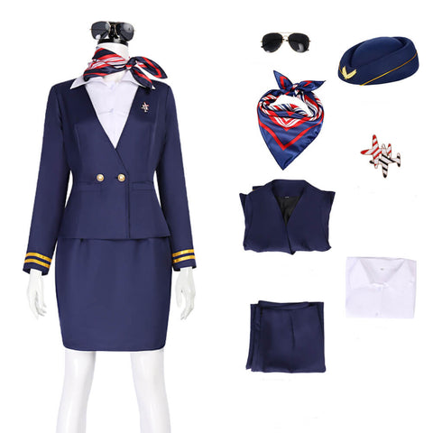 Adult Flight Attendant Costume Blue Airline Stewardess Outfit Uniform with Accessories