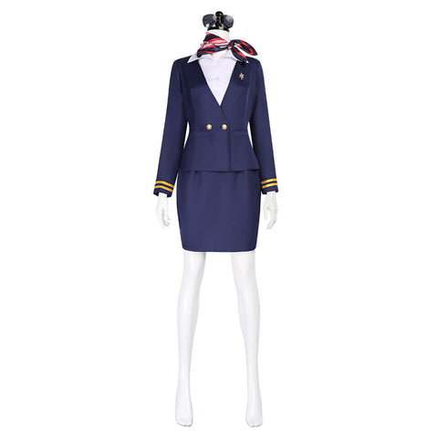 Adult Flight Attendant Costume Blue Airline Stewardess Outfit Uniform with Accessories