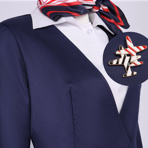 Adult Flight Attendant Costume Blue Airline Stewardess Outfit Uniform with Accessories