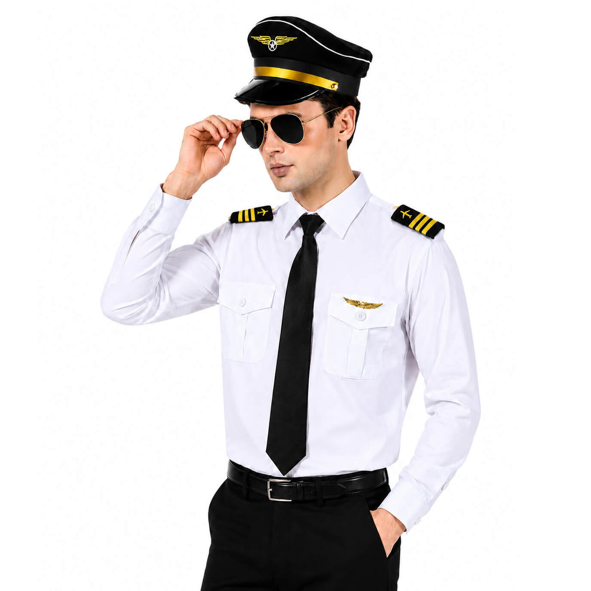 Men's Pilot Costume Set – Airline Captain Uniform with Hat, Aviator Sunglasses & Accessories