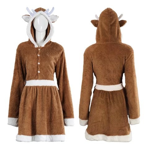 Cute Reindeer Animal Dress Khaki Elk Loose Pajamas Christmas Costume Women Tusary