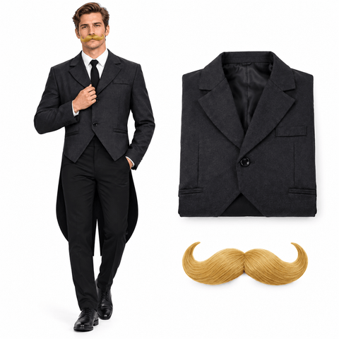 Purple Villain Mayor Costume Jacket Mustache Tailcoat for Men with Beard