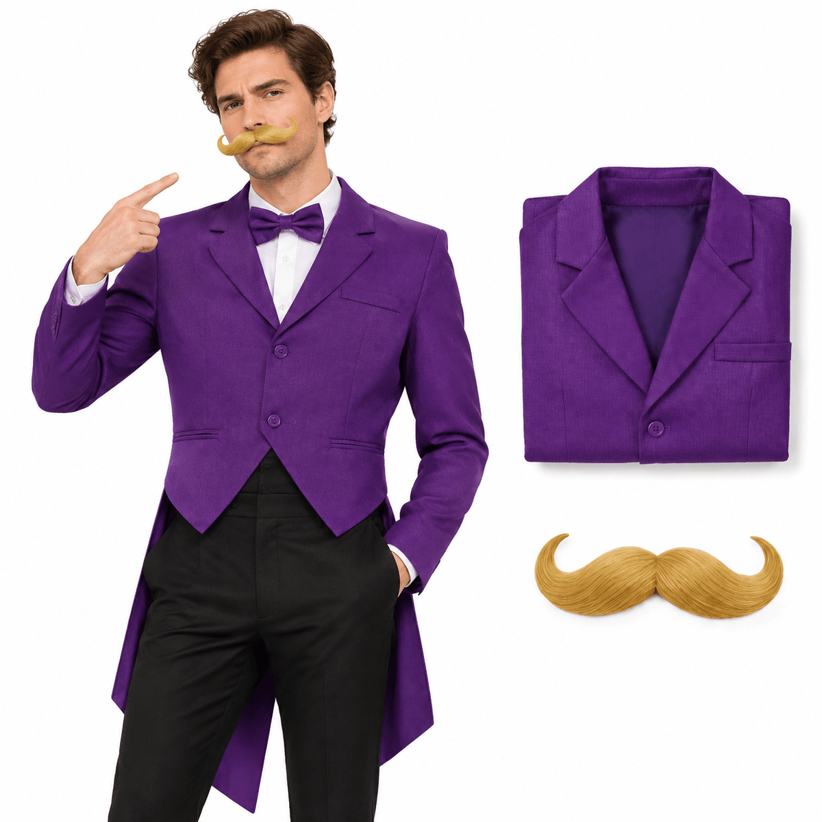 Purple Villain Mayor Costume Jacket Mustache Tailcoat for Men with Beard