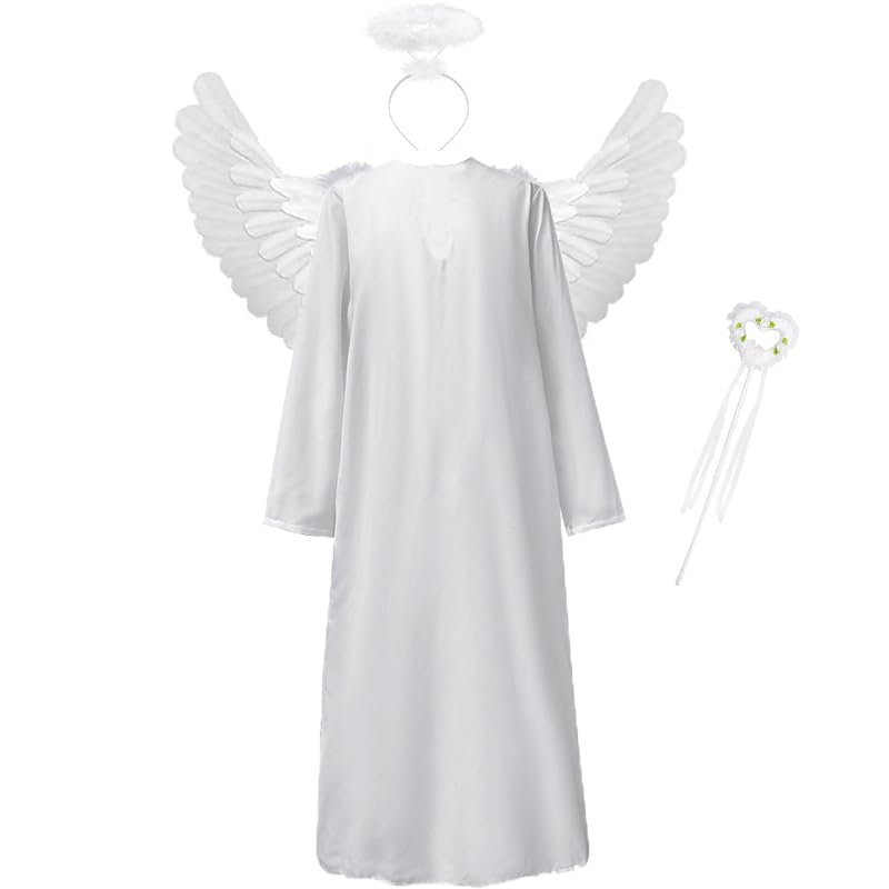 White Angel Costume 4Pcs White Angel Gown Angel Wings Halo Magic Wand Cosplay Full Set