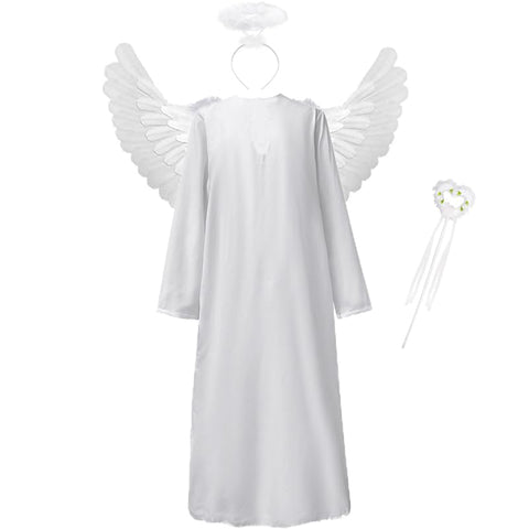 White Angel Costume 4Pcs White Angel Gown Angel Wings Halo Magic Wand Cosplay Full Set