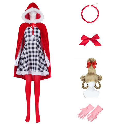 Tusary Adult Cindy Lou Who Costume 7Pcs Christmas Holiday Cosplay Suit